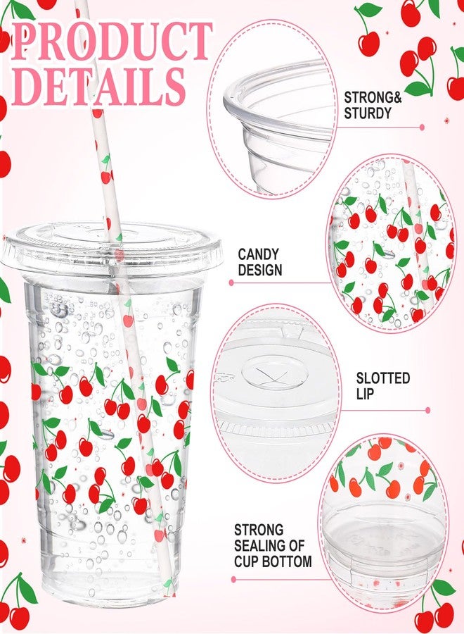 Funnymoom 50 Sets Cherry Disposable Plastic Cups Bulk with Lids Straws 16 oz Red Cherry Clear Plastic Cups Flower Cold Beverage Drinking Container for baby shower Birthday Daily Holiday Party Supplies - Image 3